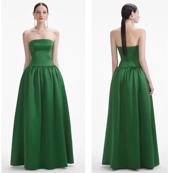 Self-Portrait Green Satin Bandeau Strapless Maxi Dress Size 2 - Picture 2 of 14
